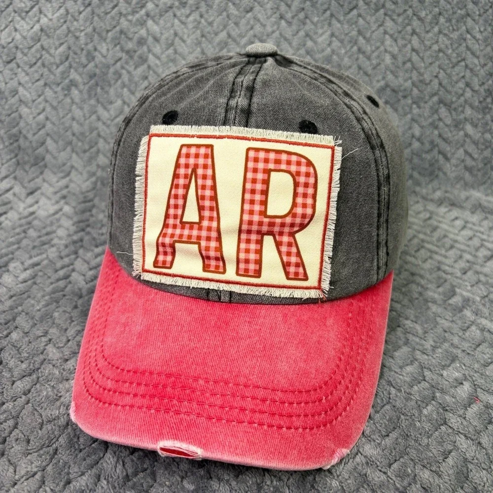 Southern Junkie Arkansas AR Hat Distressed Grey Pink Gingham Patch Baseball Cap